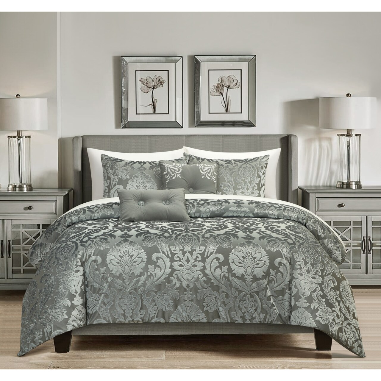 Chic Home Athalee 5 Piece Jacquard Comforter Set Burnout Velvet Damask Floral Design